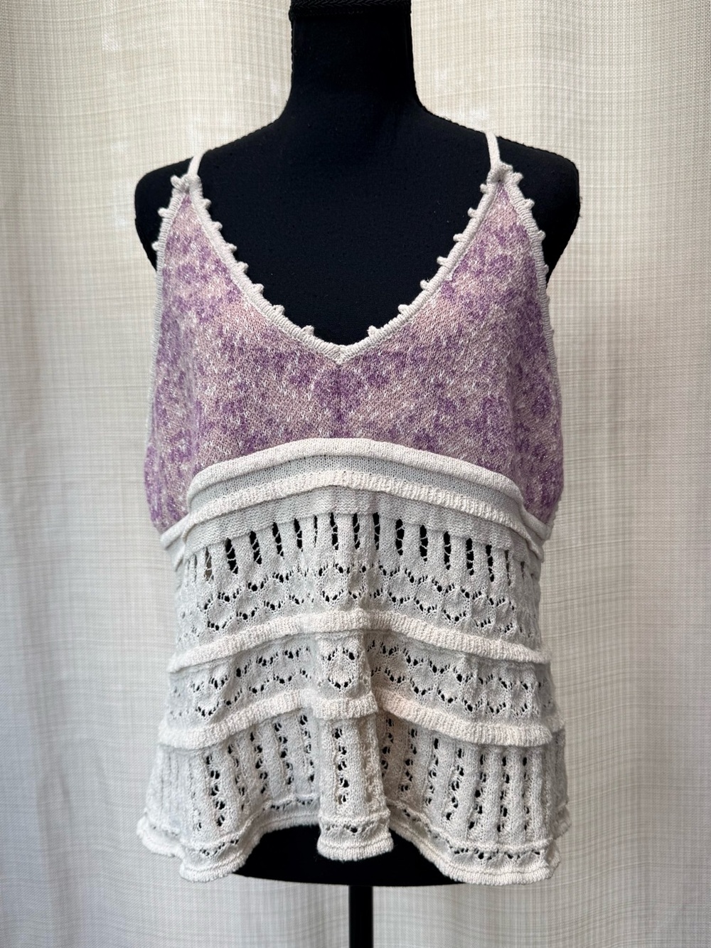 Flint & Moss Knit Tank Top Purple Cream Sz XL Open Knit Boho Chic